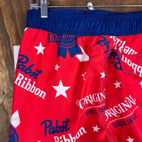Pabst Blue Ribbon Mens Shorts Red White Blue Star Swim Surf Beach Trunks Small - Picture 12 of 14